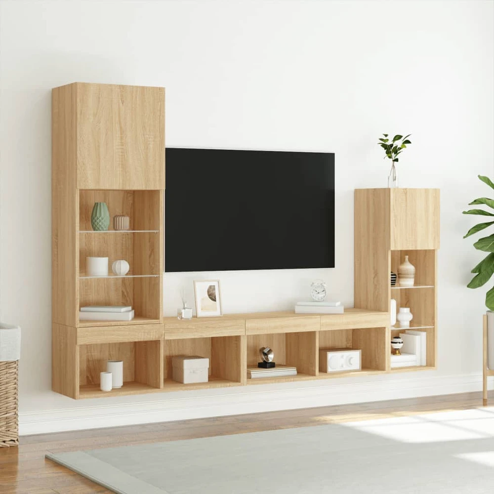 TV staliukas Sieninė TV sekcija su LED, 4 dalių, ąžuolo, apdirbta mediena