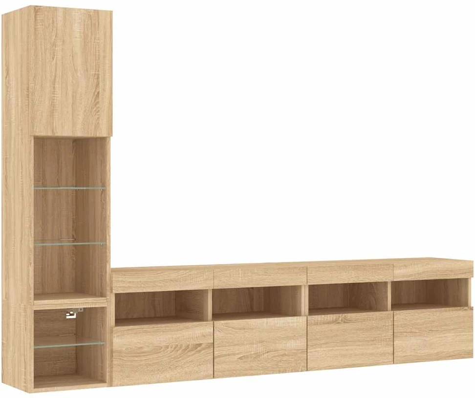 TV staliukas Sieninė TV sekcija su LED, 4 dalių, ąžuolo, apdirbta mediena