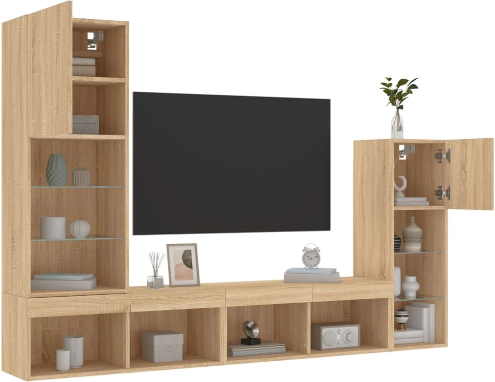 TV staliukas Sieninė TV sekcija su LED, 4 dalių, ąžuolo, apdirbta mediena