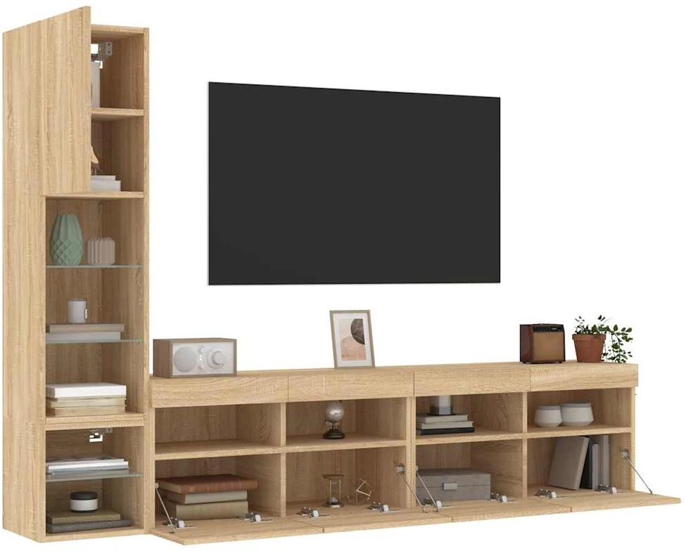 TV staliukas Sieninė TV sekcija su LED, 4 dalių, ąžuolo, apdirbta mediena