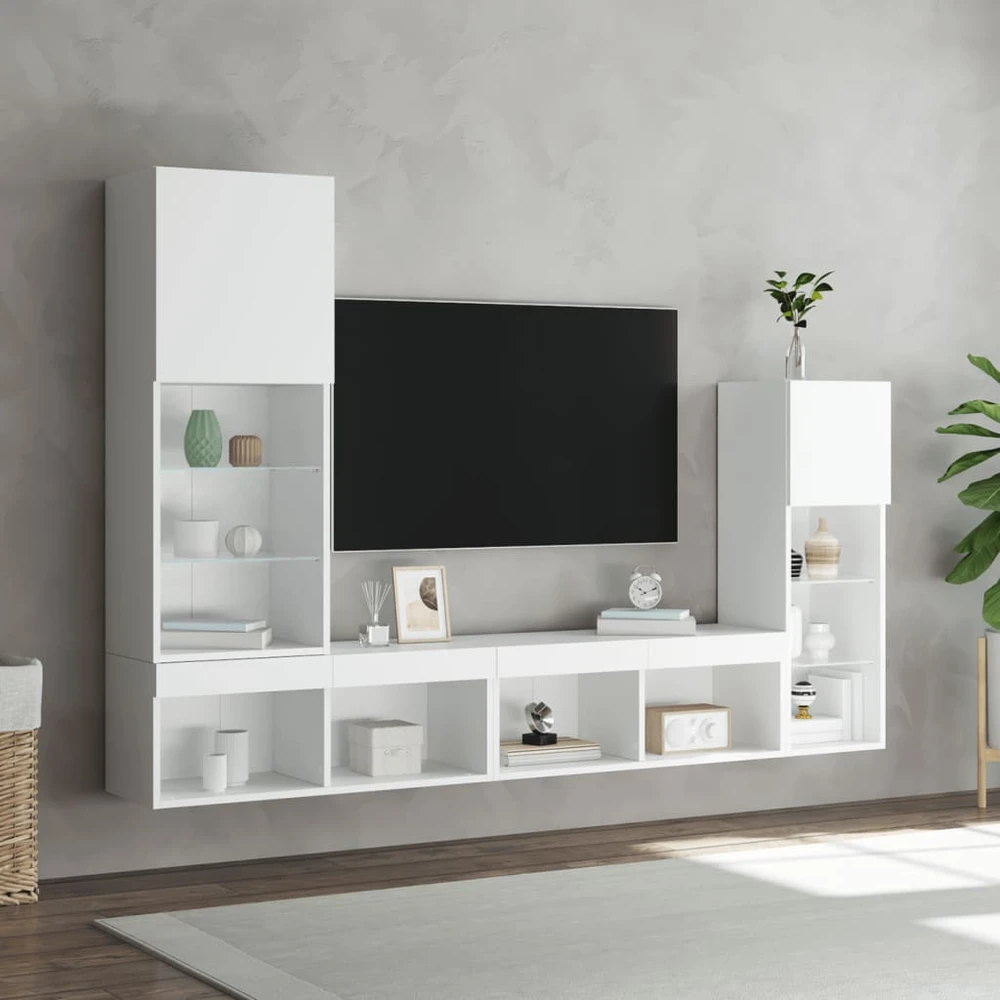 TV staliukas Sieninė TV sekcija su LED, 4 dalių, balta, apdirbta mediena