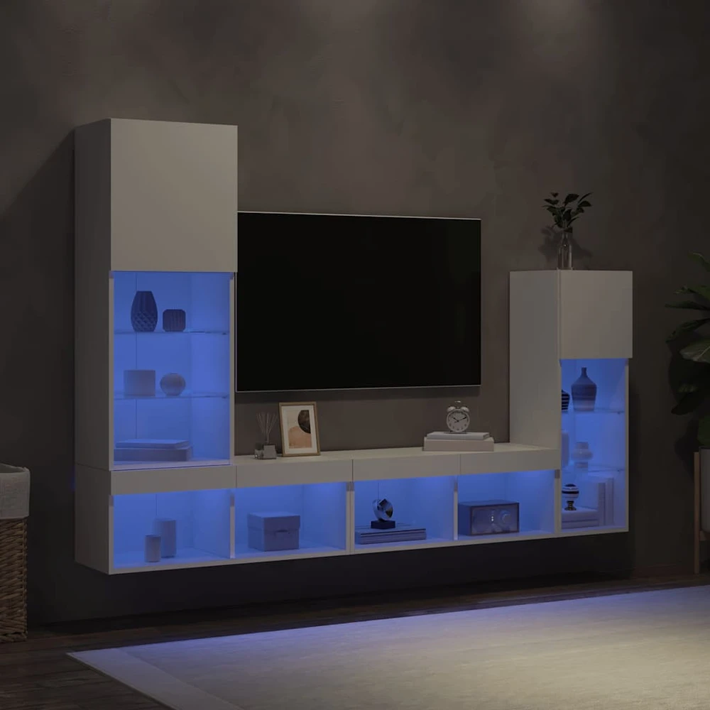 TV staliukas Sieninė TV sekcija su LED, 4 dalių, balta, apdirbta mediena