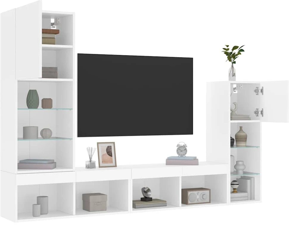 TV staliukas Sieninė TV sekcija su LED, 4 dalių, balta, apdirbta mediena