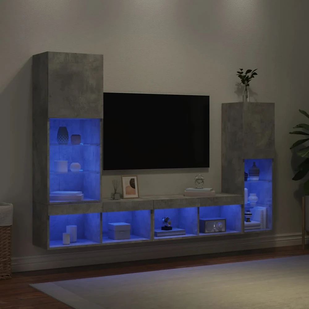 TV staliukas Sieninė TV sekcija su LED, 4 dalių, betono, apdirbta mediena