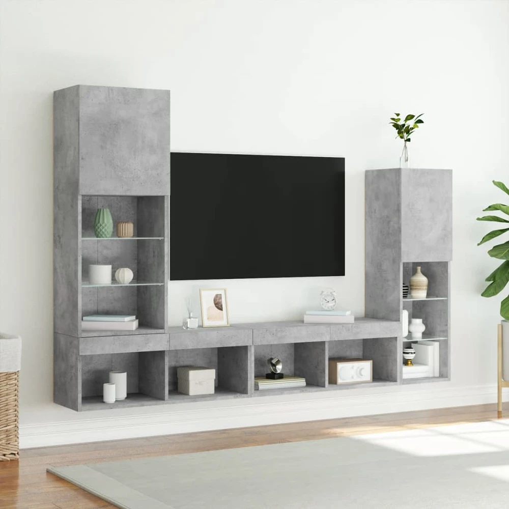 TV staliukas Sieninė TV sekcija su LED, 4 dalių, betono, apdirbta mediena