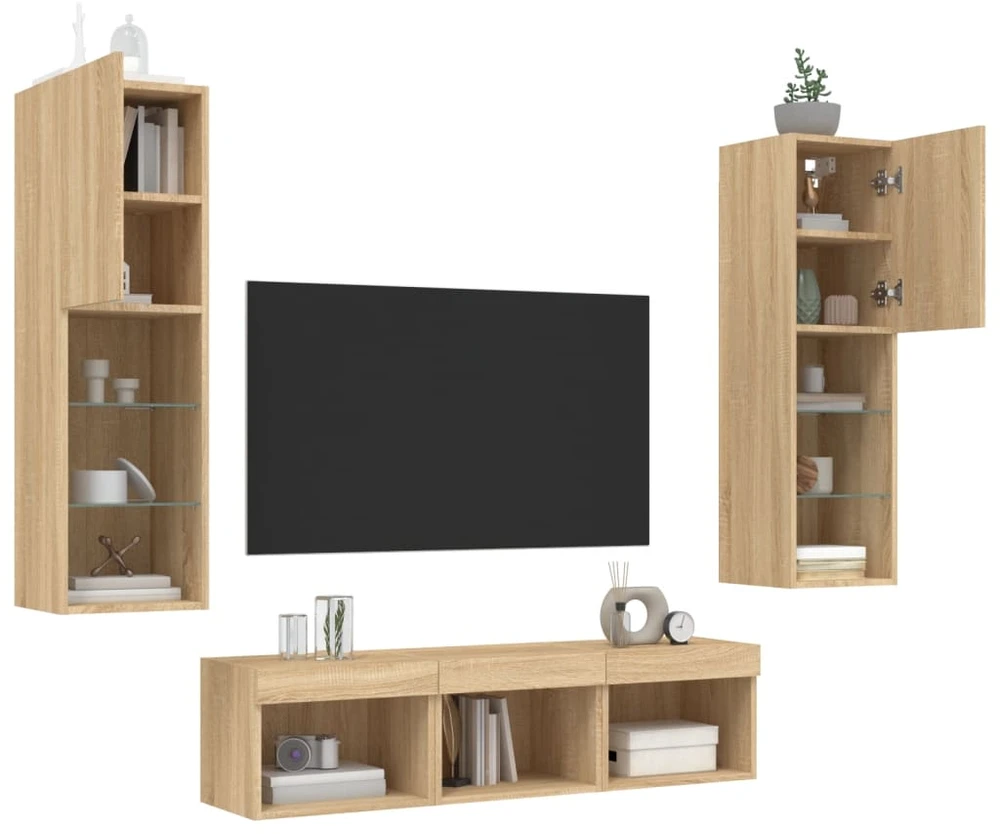TV staliukas Sieninė TV sekcija su LED, 5 dalių, ąžuolo, apdirbta mediena