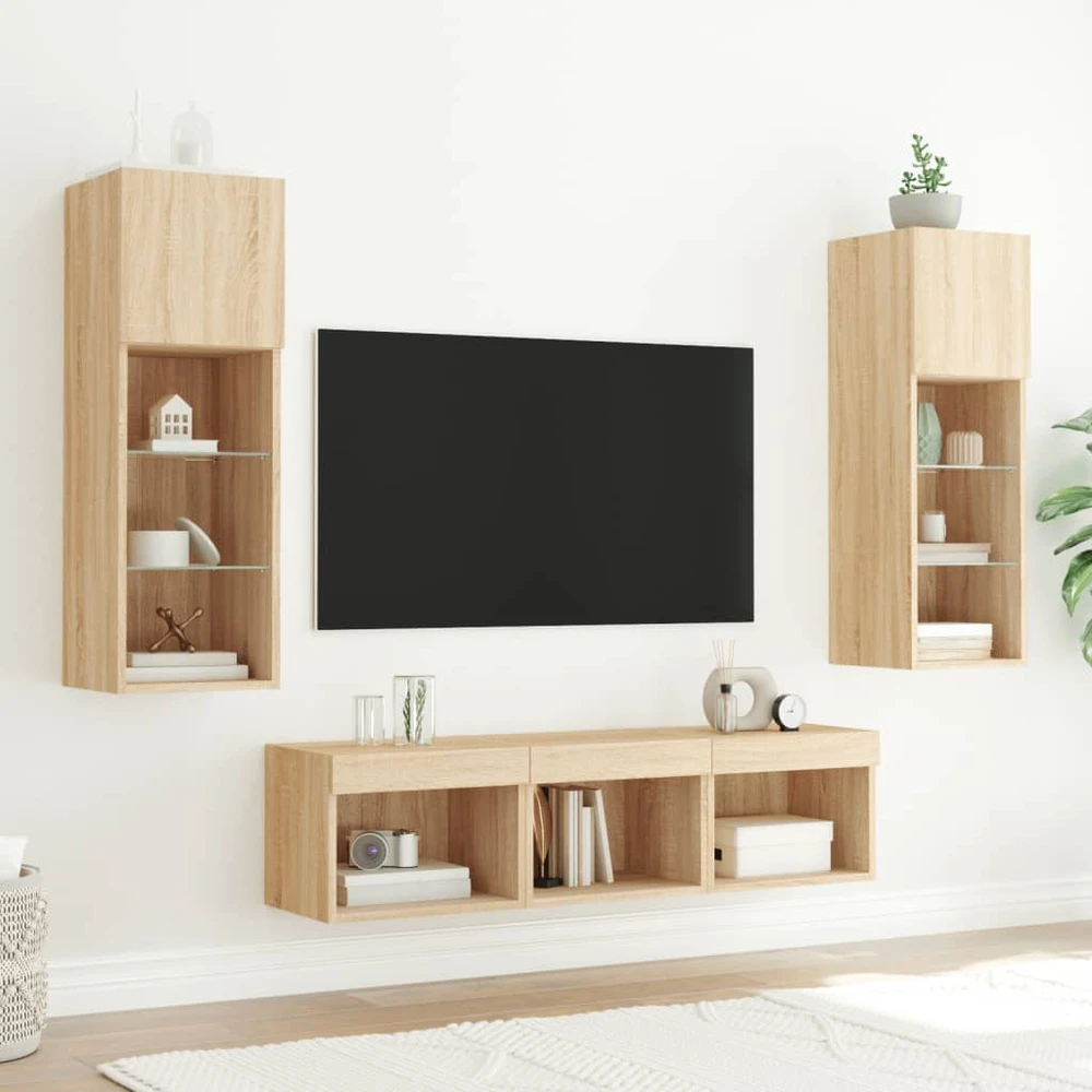 TV staliukas Sieninė TV sekcija su LED, 5 dalių, ąžuolo, apdirbta mediena