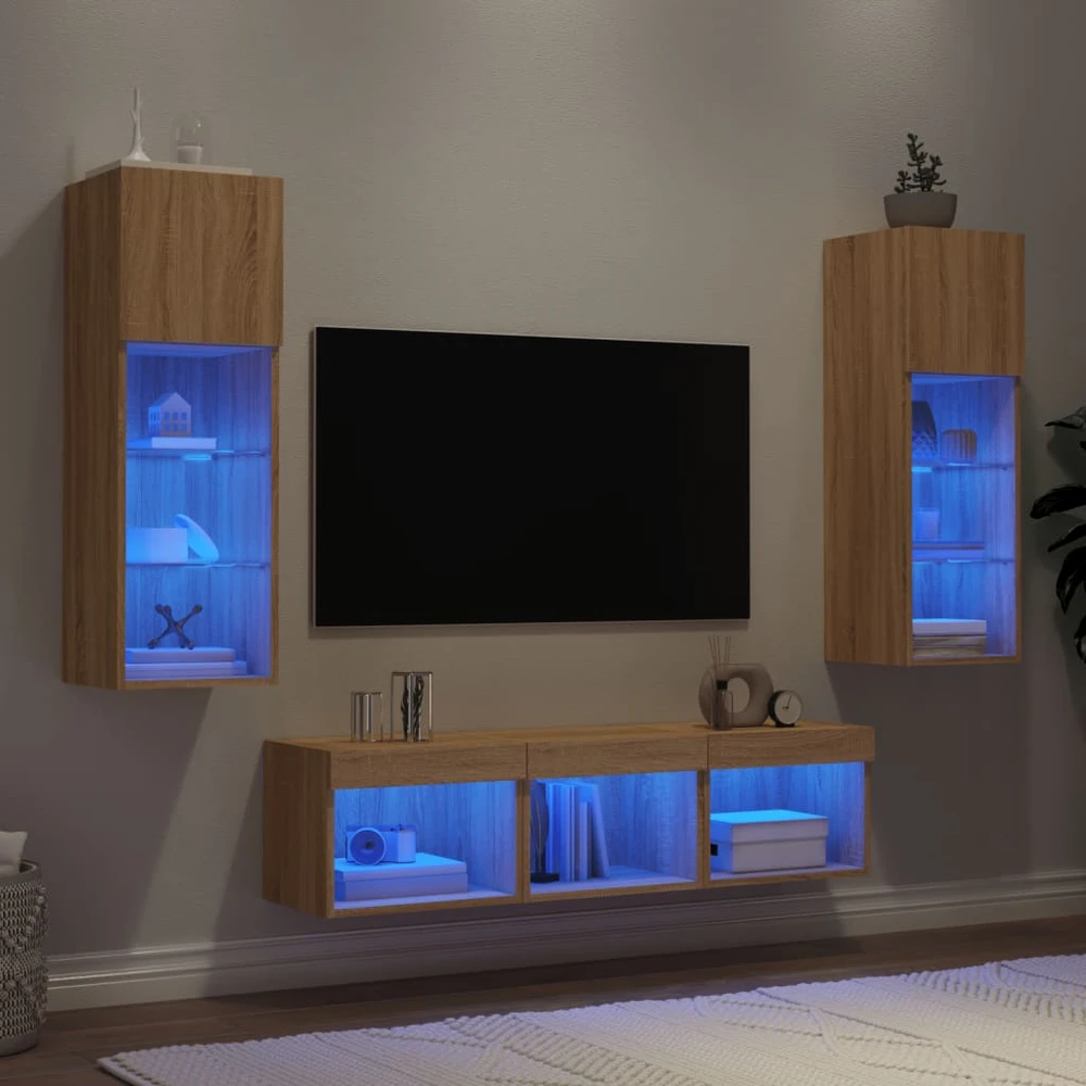 TV staliukas Sieninė TV sekcija su LED, 5 dalių, ąžuolo, apdirbta mediena