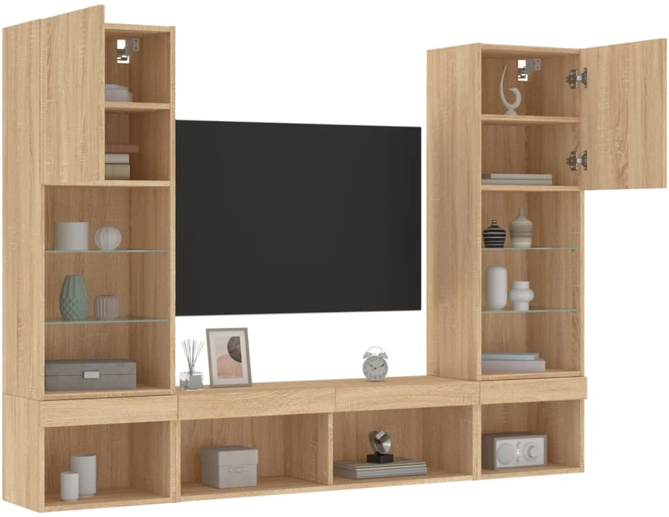 TV staliukas Sieninė TV sekcija su LED, 5 dalių, ąžuolo, apdirbta mediena