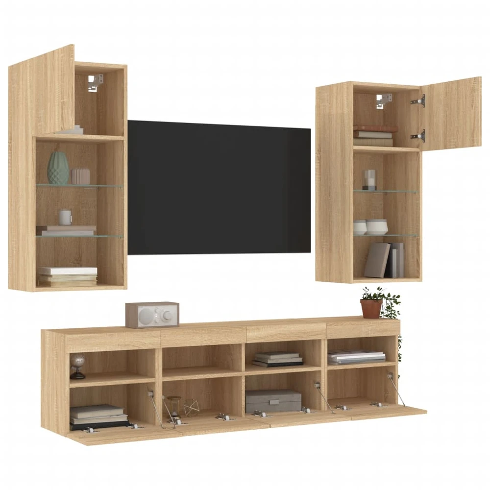 TV staliukas Sieninė TV sekcija su LED, 5 dalių, ąžuolo, apdirbta mediena
