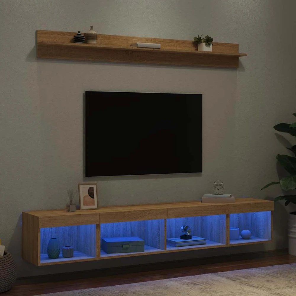 TV staliukas Sieninė TV sekcija su LED, 5 dalių, ąžuolo, apdirbta mediena