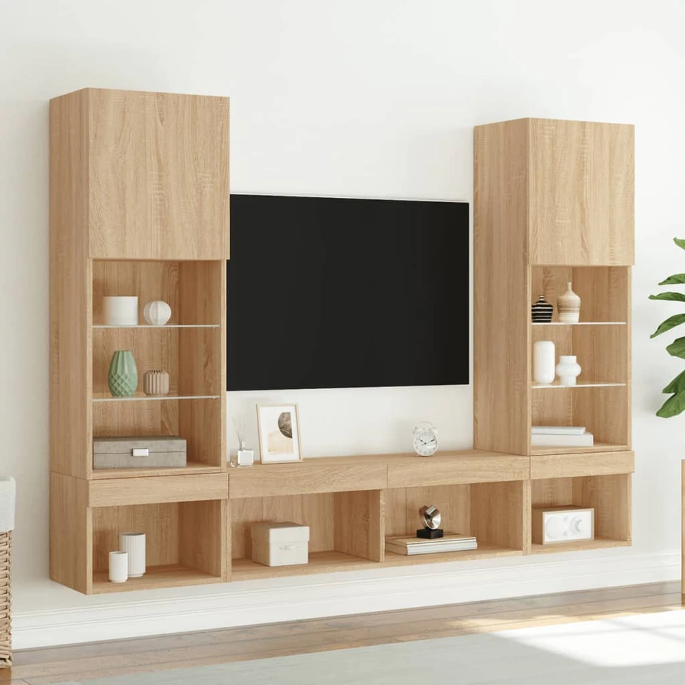 TV staliukas Sieninė TV sekcija su LED, 5 dalių, ąžuolo, apdirbta mediena