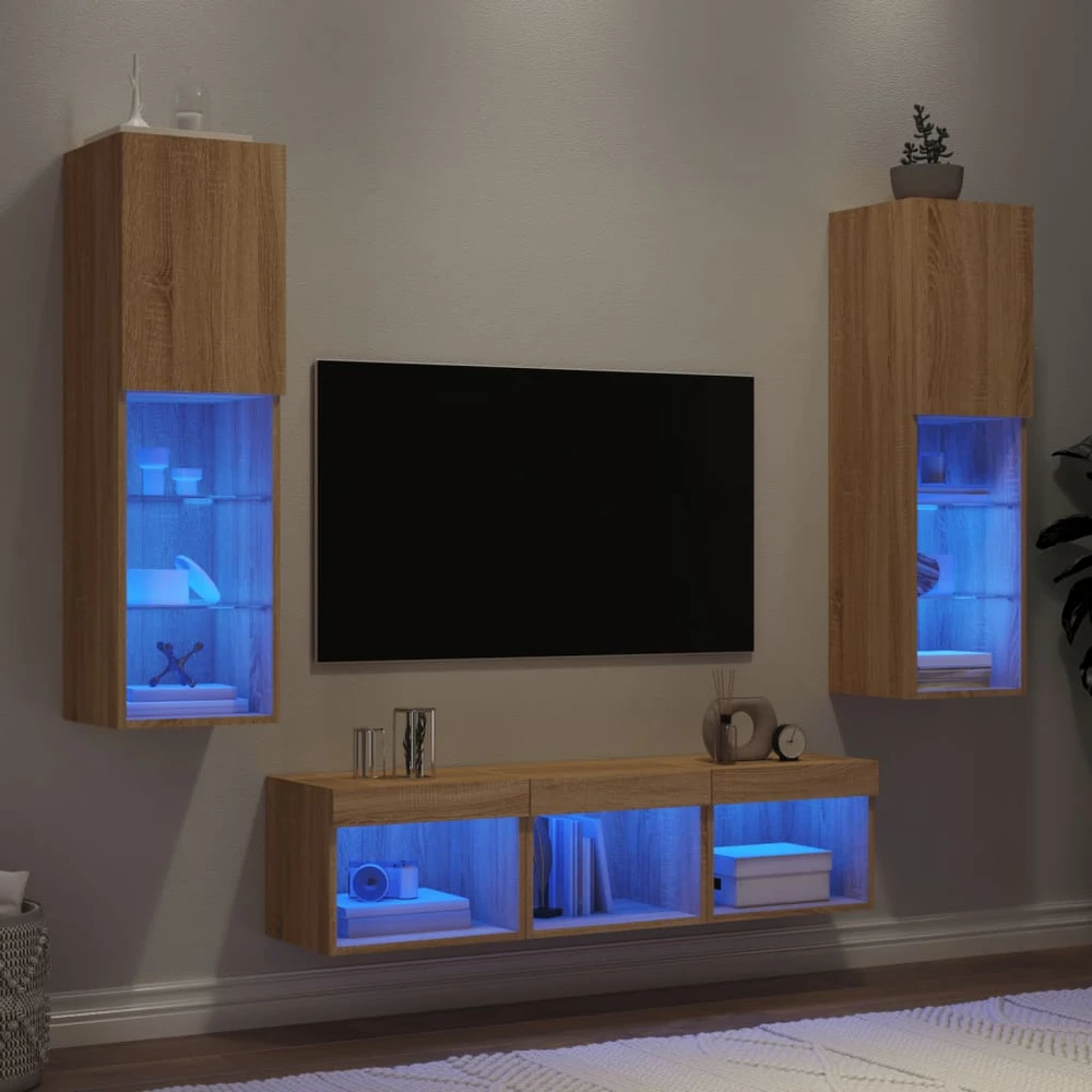 TV staliukas Sieninė TV sekcija su LED, 5 dalių, ąžuolo, apdirbta mediena