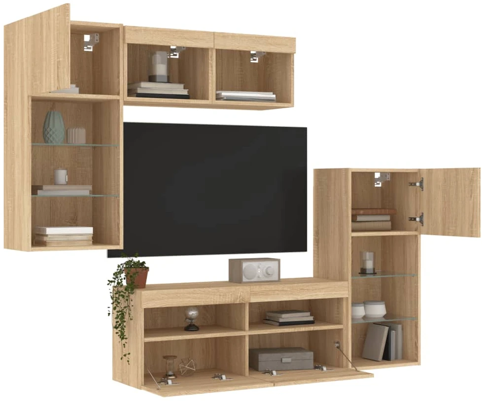 TV staliukas Sieninė TV sekcija su LED, 5 dalių, ąžuolo, apdirbta mediena