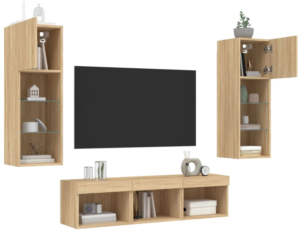 TV staliukas Sieninė TV sekcija su LED, 5 dalių, ąžuolo, apdirbta mediena