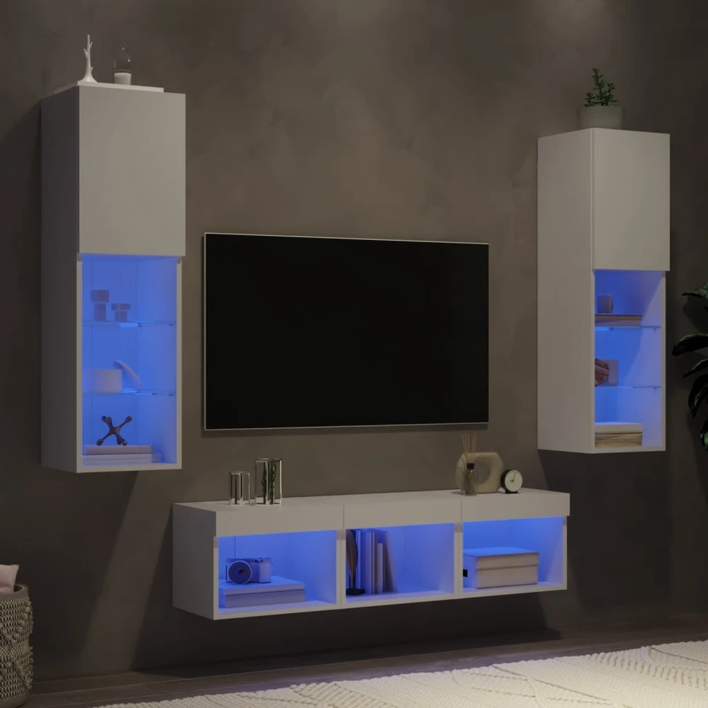 TV staliukas Sieninė TV sekcija su LED, 5 dalių, balta, apdirbta mediena