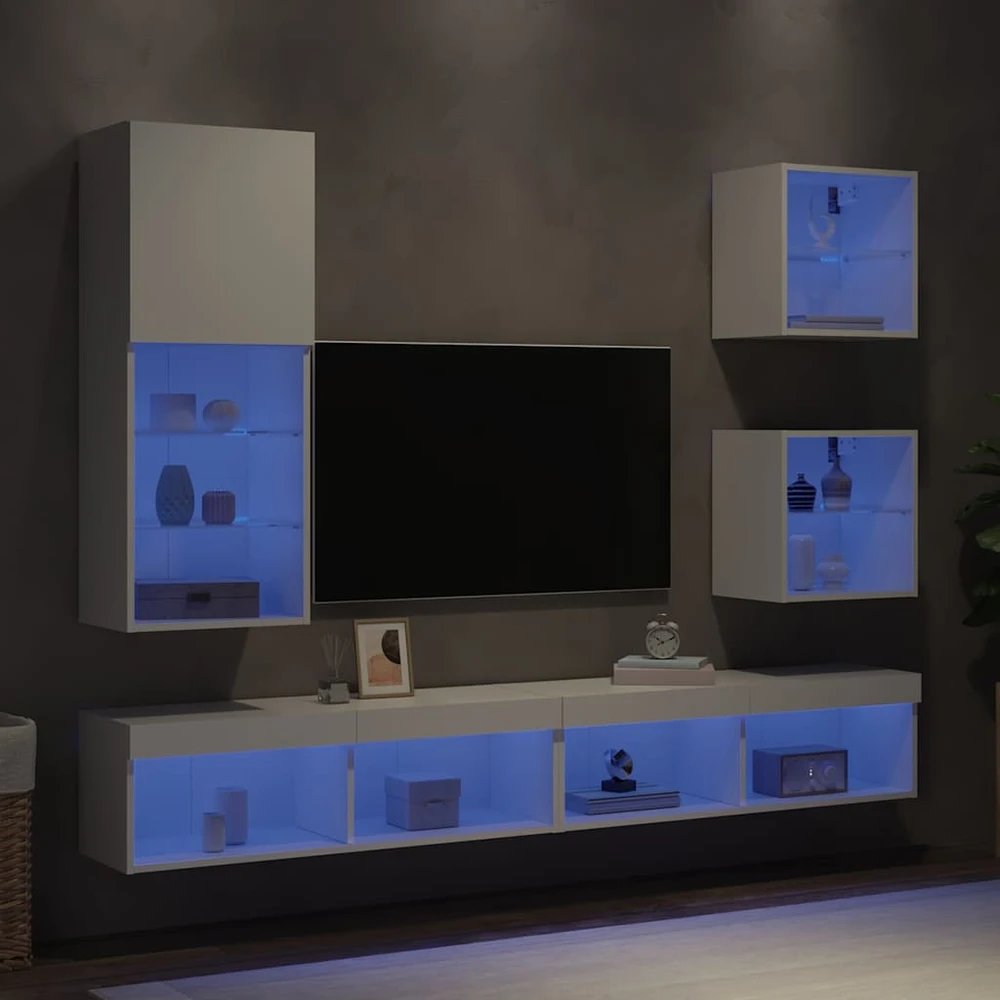 TV staliukas Sieninė TV sekcija su LED, 5 dalių, balta, apdirbta mediena