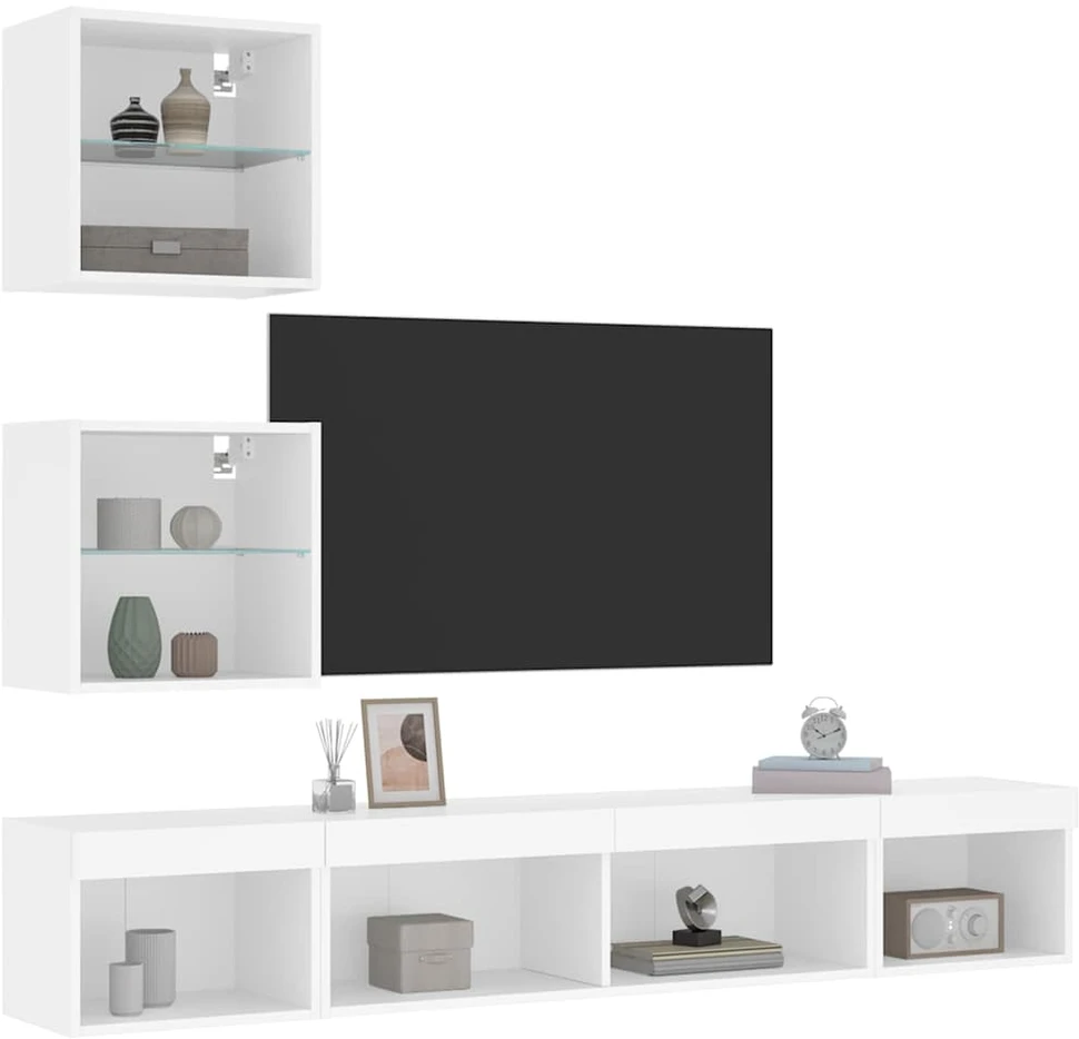 TV staliukas Sieninė TV sekcija su LED, 5 dalių, balta, apdirbta mediena