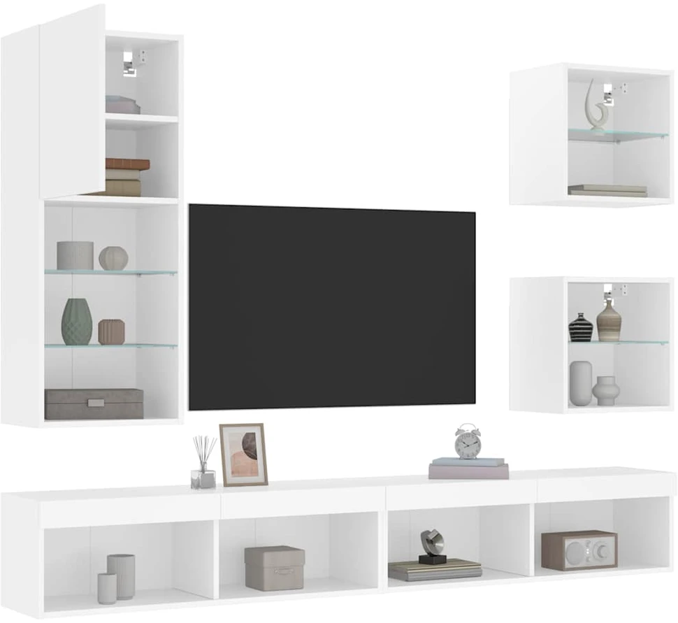 TV staliukas Sieninė TV sekcija su LED, 5 dalių, balta, apdirbta mediena