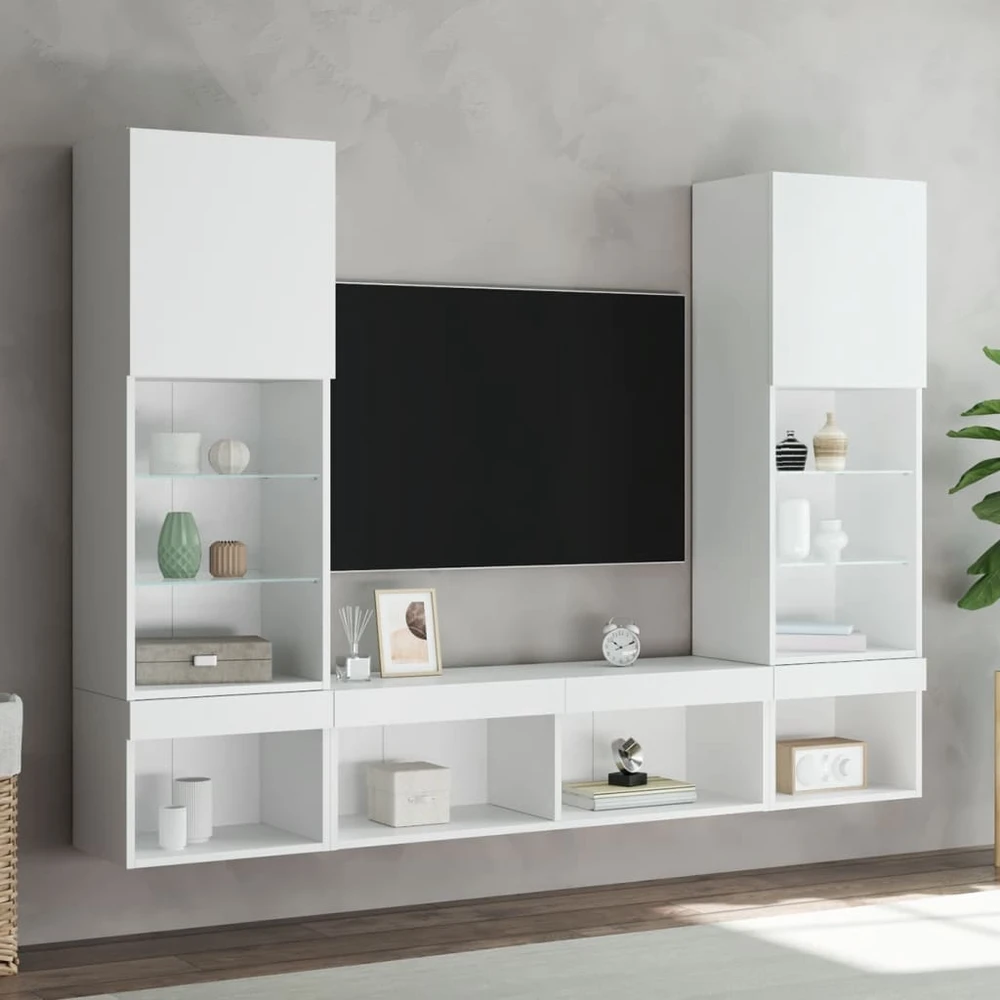 TV staliukas Sieninė TV sekcija su LED, 5 dalių, balta, apdirbta mediena