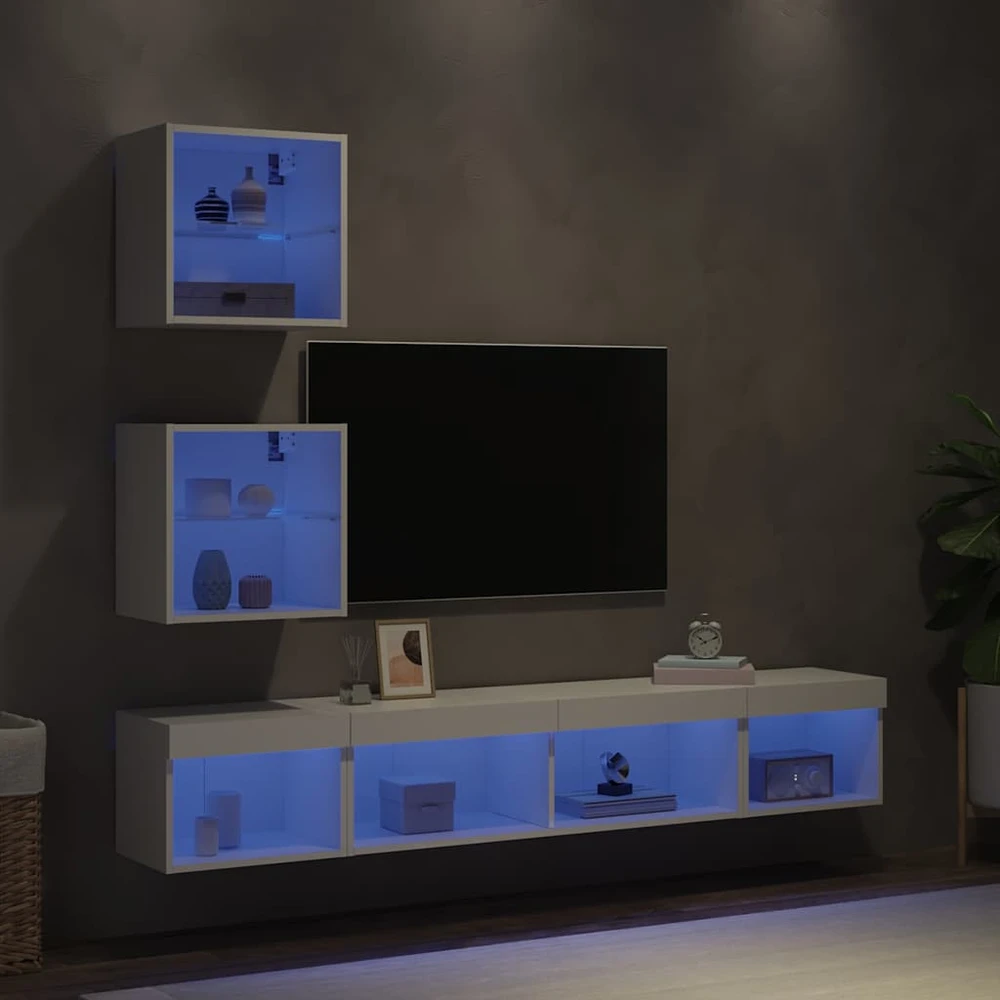 TV staliukas Sieninė TV sekcija su LED, 5 dalių, balta, apdirbta mediena