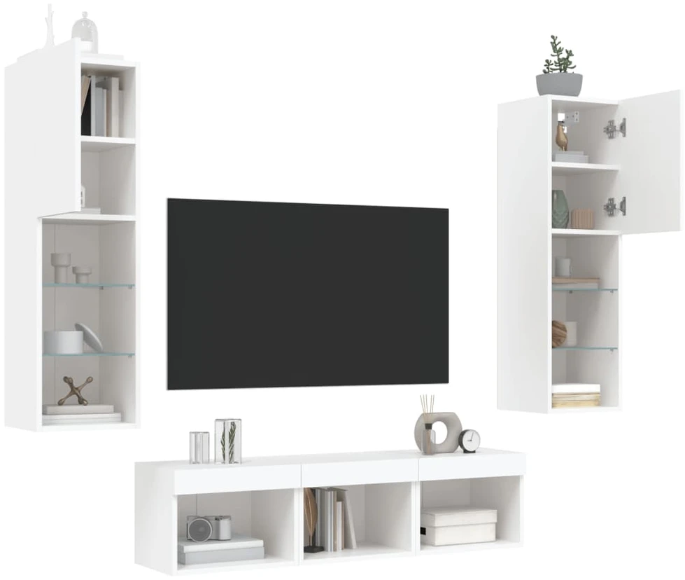 TV staliukas Sieninė TV sekcija su LED, 5 dalių, balta, apdirbta mediena