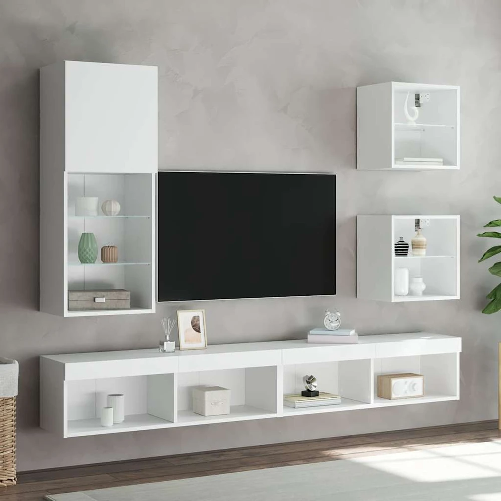 TV staliukas Sieninė TV sekcija su LED, 5 dalių, balta, apdirbta mediena