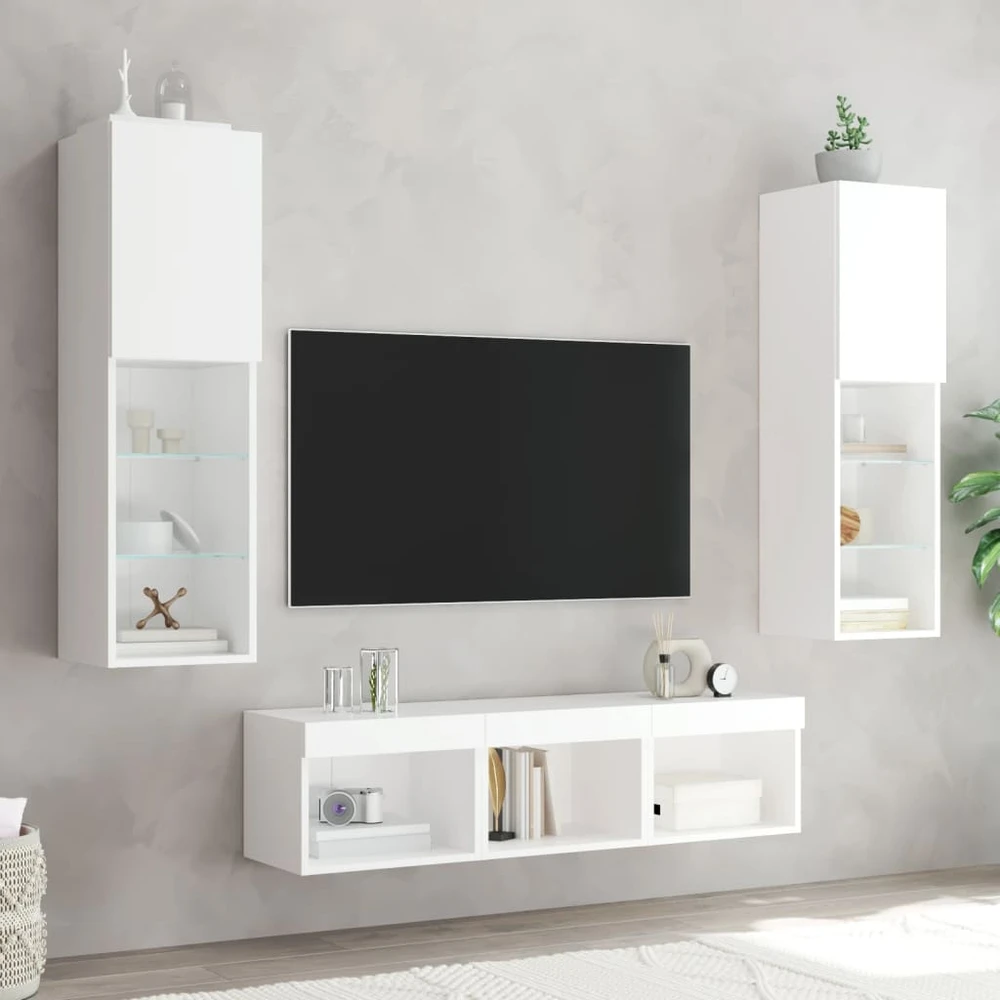 TV staliukas Sieninė TV sekcija su LED, 5 dalių, balta, apdirbta mediena