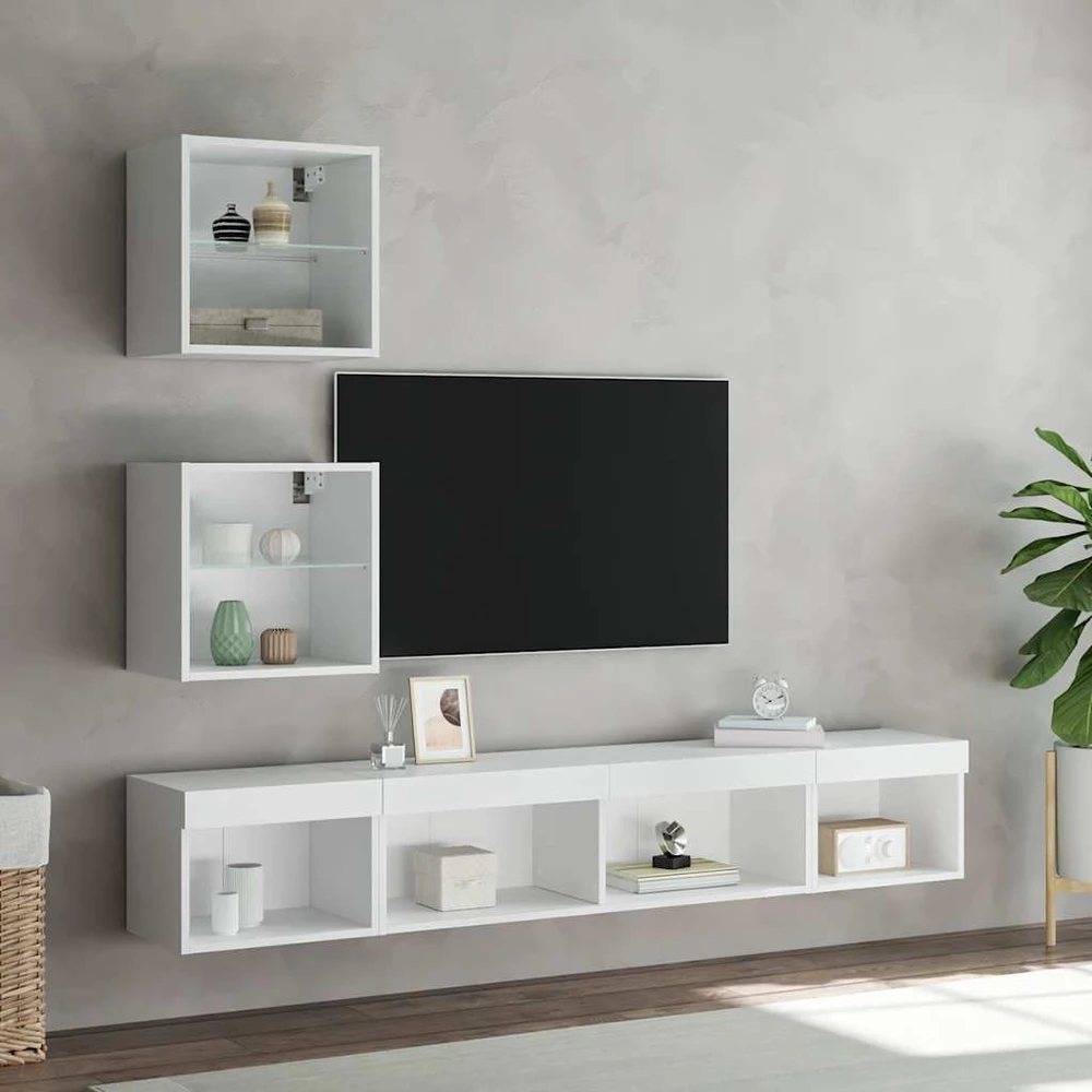 TV staliukas Sieninė TV sekcija su LED, 5 dalių, balta, apdirbta mediena