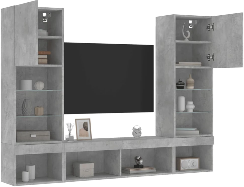 TV staliukas Sieninė TV sekcija su LED, 5 dalių, betono, apdirbta mediena