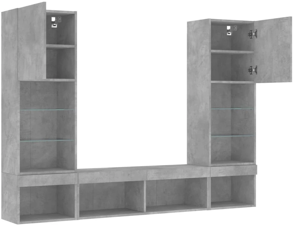 TV staliukas Sieninė TV sekcija su LED, 5 dalių, betono, apdirbta mediena