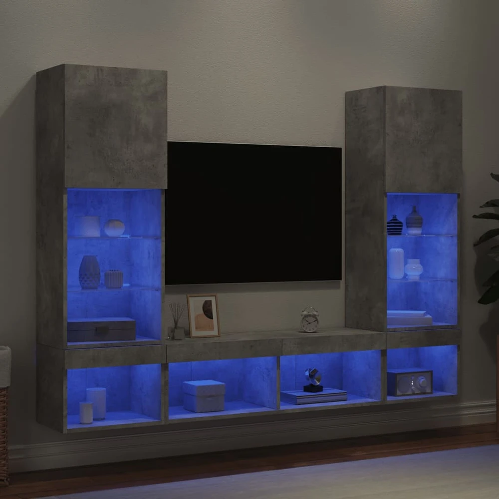 TV staliukas Sieninė TV sekcija su LED, 5 dalių, betono, apdirbta mediena