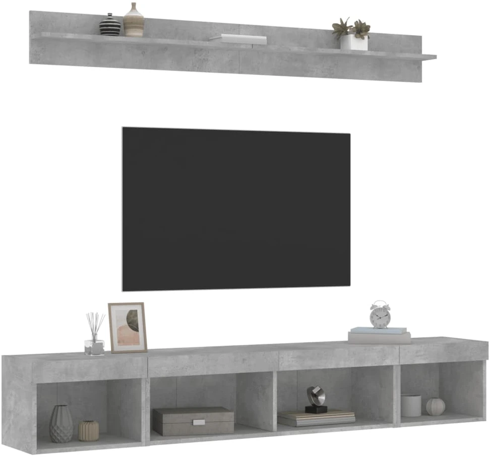 TV staliukas Sieninė TV sekcija su LED, 5 dalių, betono, apdirbta mediena