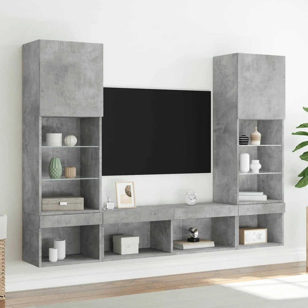 TV staliukas Sieninė TV sekcija su LED, 5 dalių, betono, apdirbta mediena
