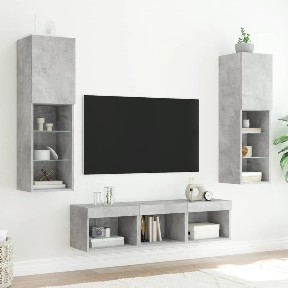 TV staliukas Sieninė TV sekcija su LED, 5 dalių, betono, apdirbta mediena