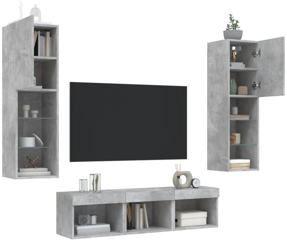 TV staliukas Sieninė TV sekcija su LED, 5 dalių, betono, apdirbta mediena