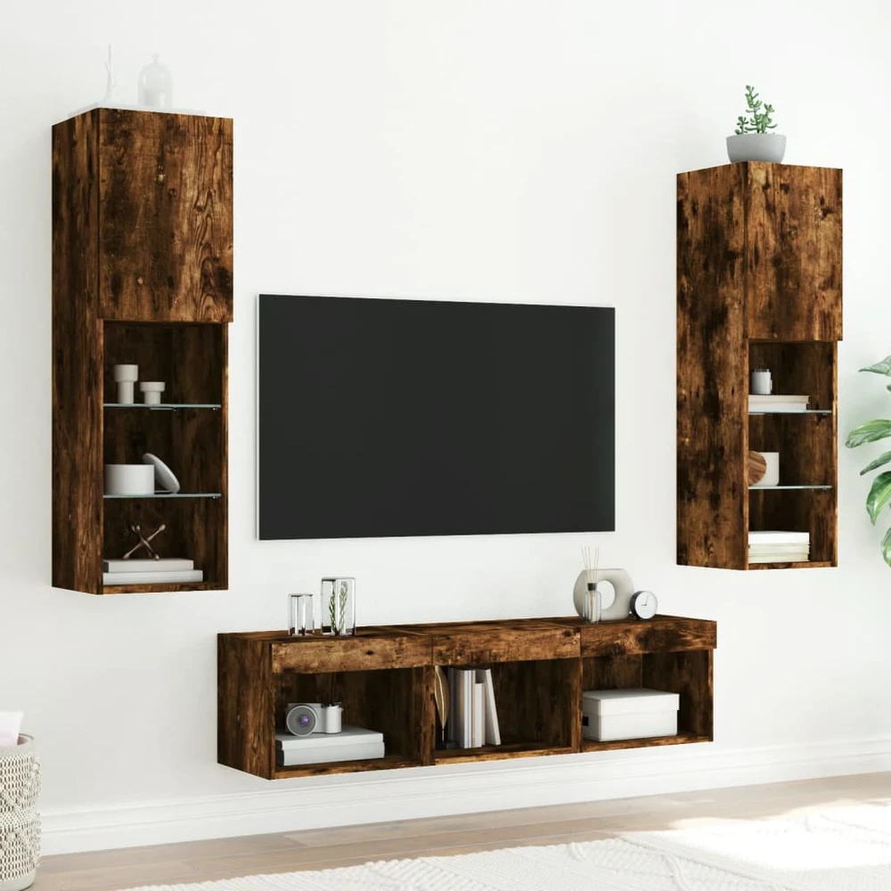 TV staliukas Sieninė TV sekcija su LED, 5 dalių, dūminio ąžuolo, mediena