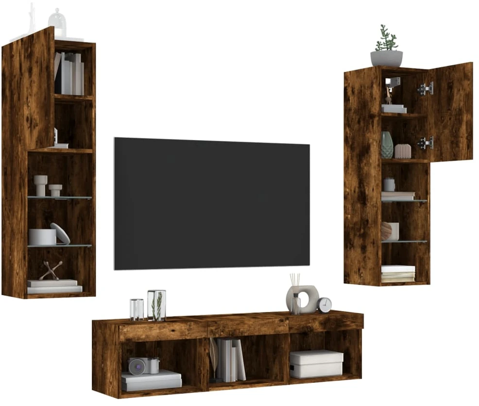 TV staliukas Sieninė TV sekcija su LED, 5 dalių, dūminio ąžuolo, mediena