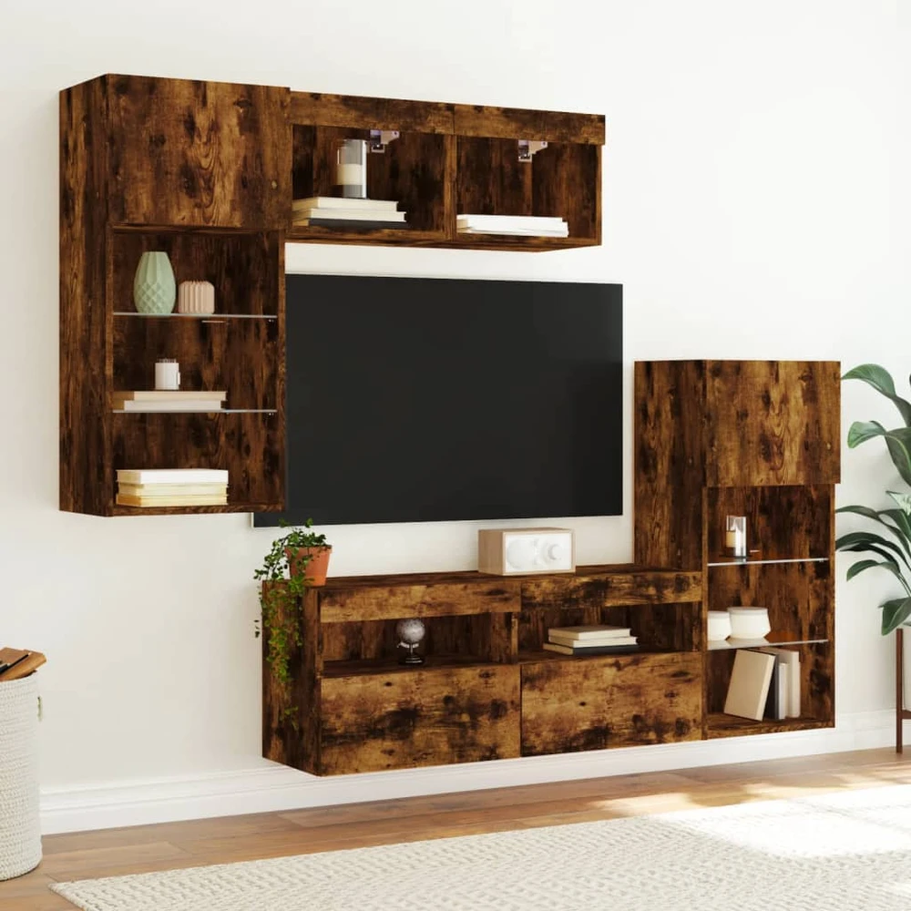 TV staliukas Sieninė TV sekcija su LED, 5 dalių, dūminio ąžuolo, mediena