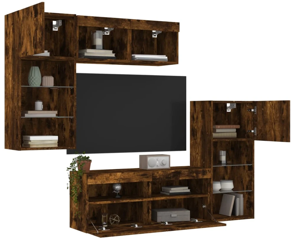 TV staliukas Sieninė TV sekcija su LED, 5 dalių, dūminio ąžuolo, mediena