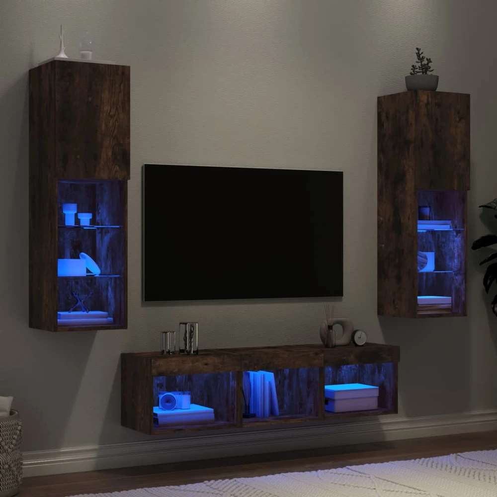 TV staliukas Sieninė TV sekcija su LED, 5 dalių, dūminio ąžuolo, mediena