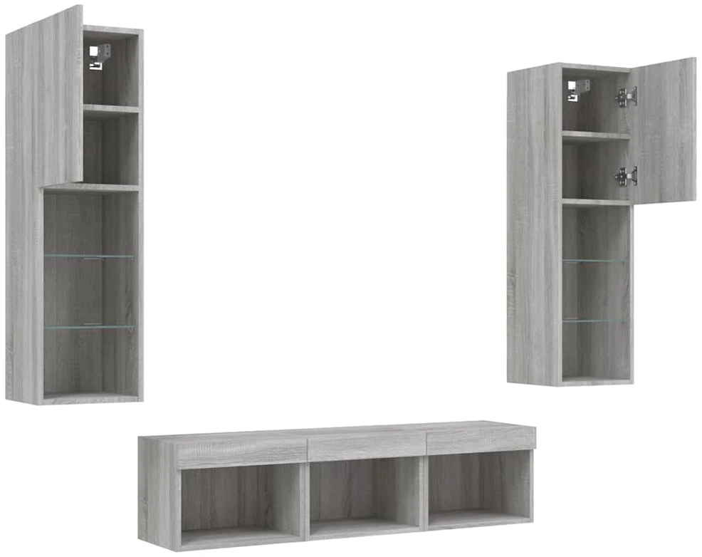 TV staliukas Sieninė TV sekcija su LED, 5 dalių, pilka ąžuolo, mediena