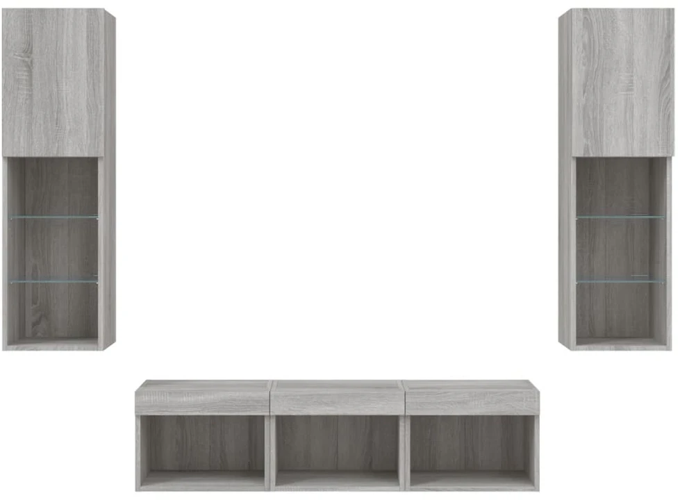TV staliukas Sieninė TV sekcija su LED, 5 dalių, pilka ąžuolo, mediena