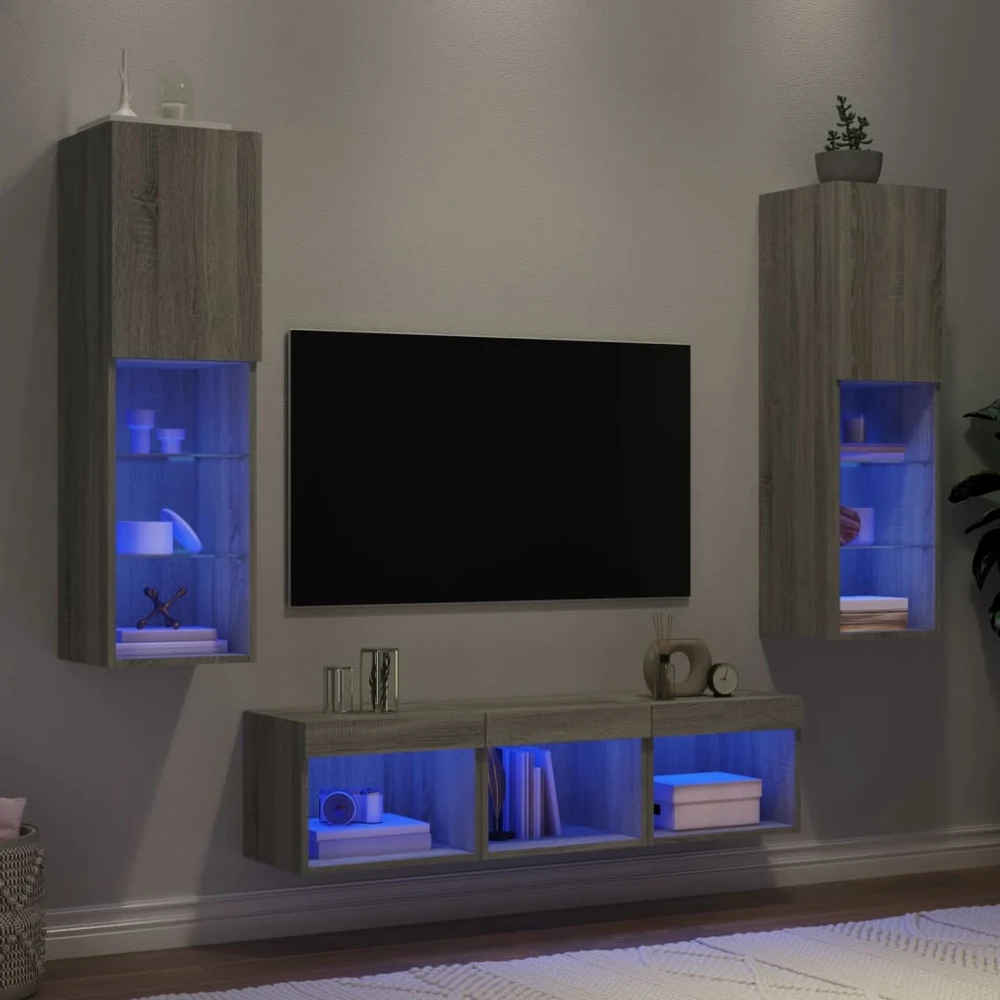 TV staliukas Sieninė TV sekcija su LED, 5 dalių, pilka ąžuolo, mediena