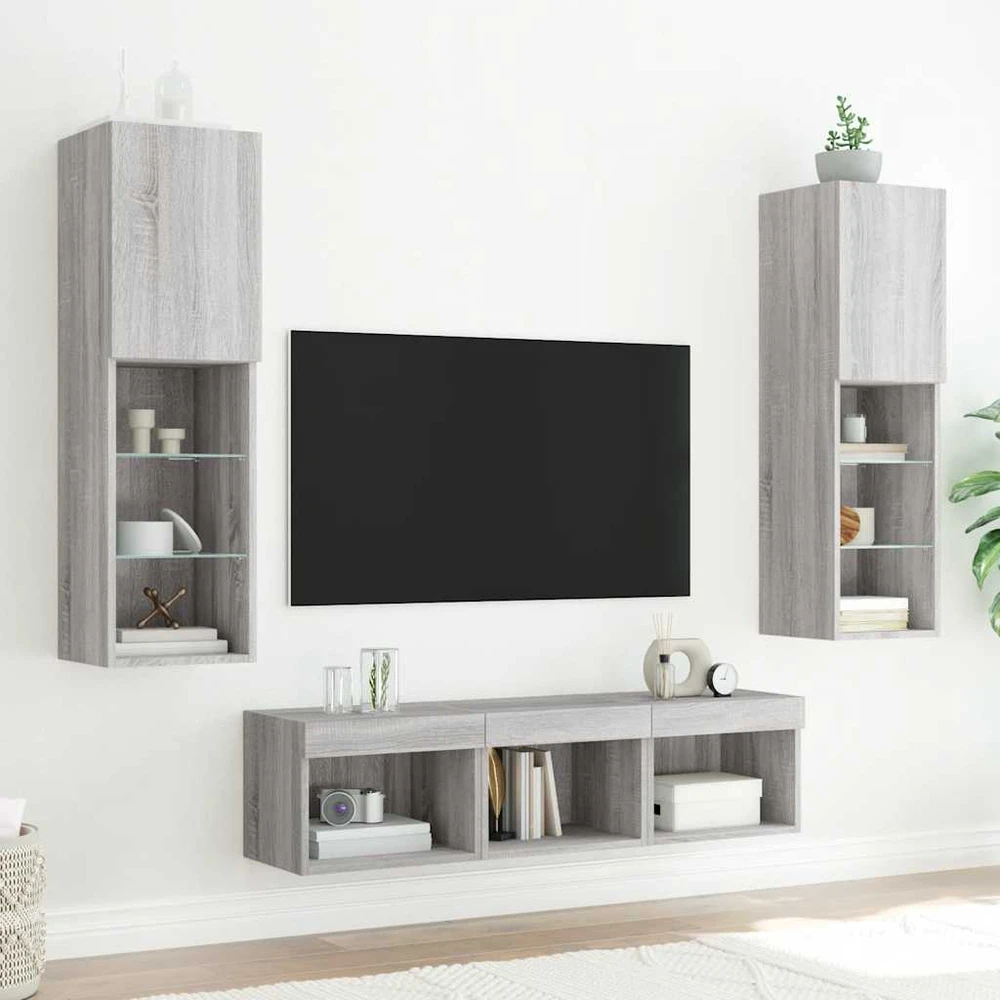 TV staliukas Sieninė TV sekcija su LED, 5 dalių, pilka ąžuolo, mediena