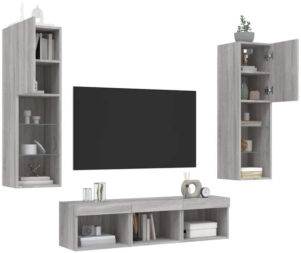 TV staliukas Sieninė TV sekcija su LED, 5 dalių, pilka ąžuolo, mediena