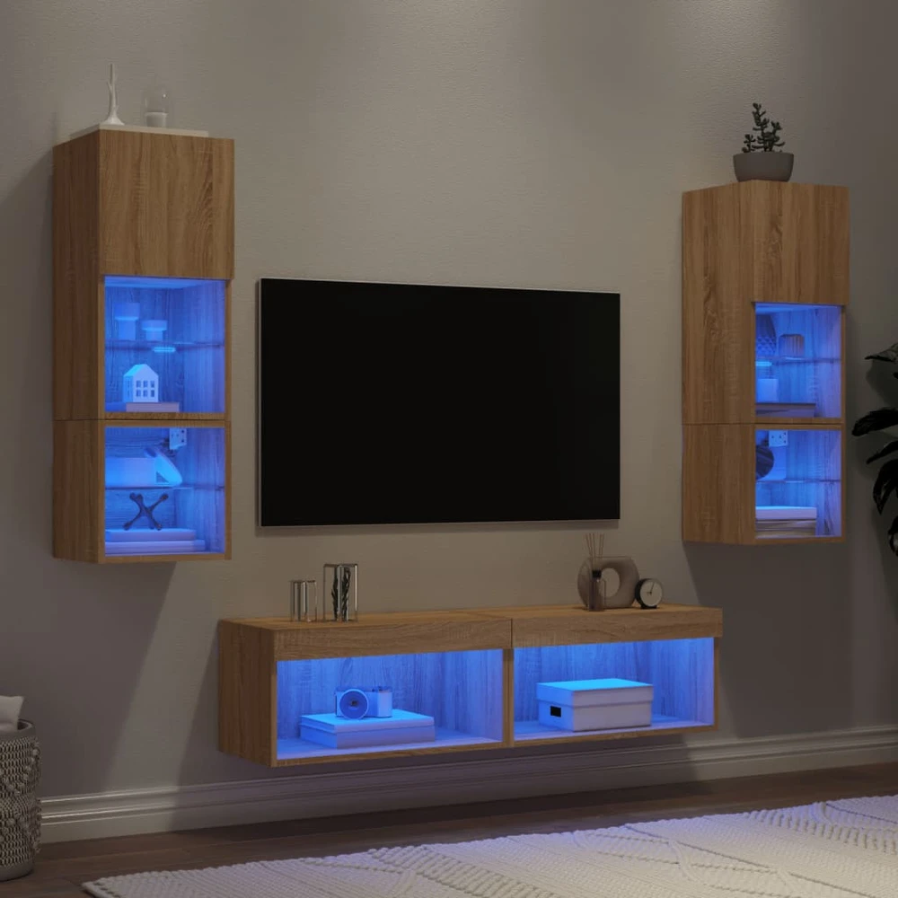 TV staliukas Sieninė TV sekcija su LED, 6 dalių, ąžuolo, apdirbta mediena