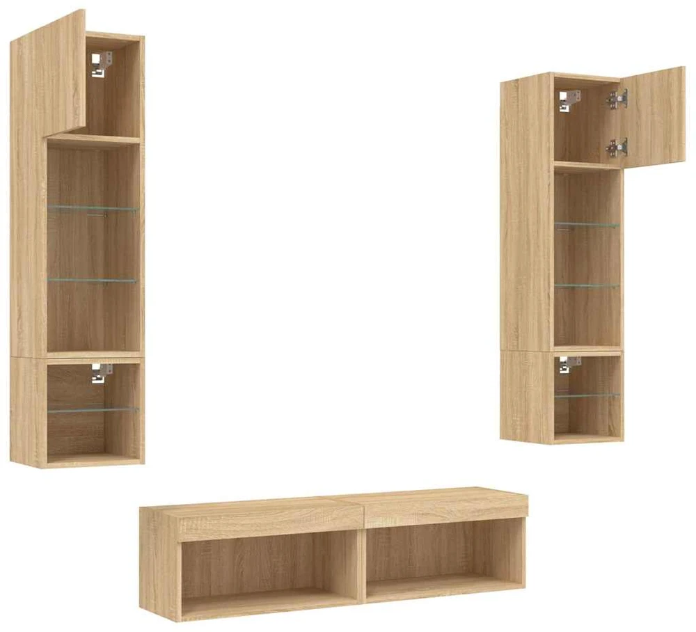 TV staliukas Sieninė TV sekcija su LED, 6 dalių, ąžuolo, apdirbta mediena