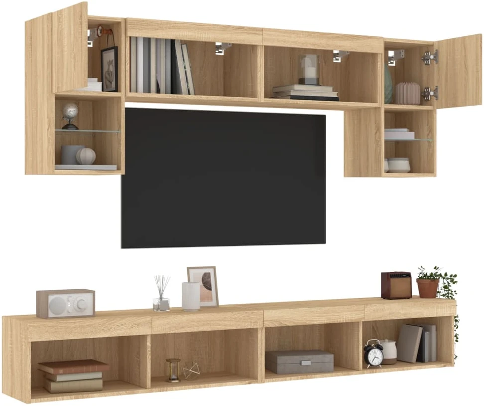 TV staliukas Sieninė TV sekcija su LED, 6 dalių, ąžuolo, apdirbta mediena