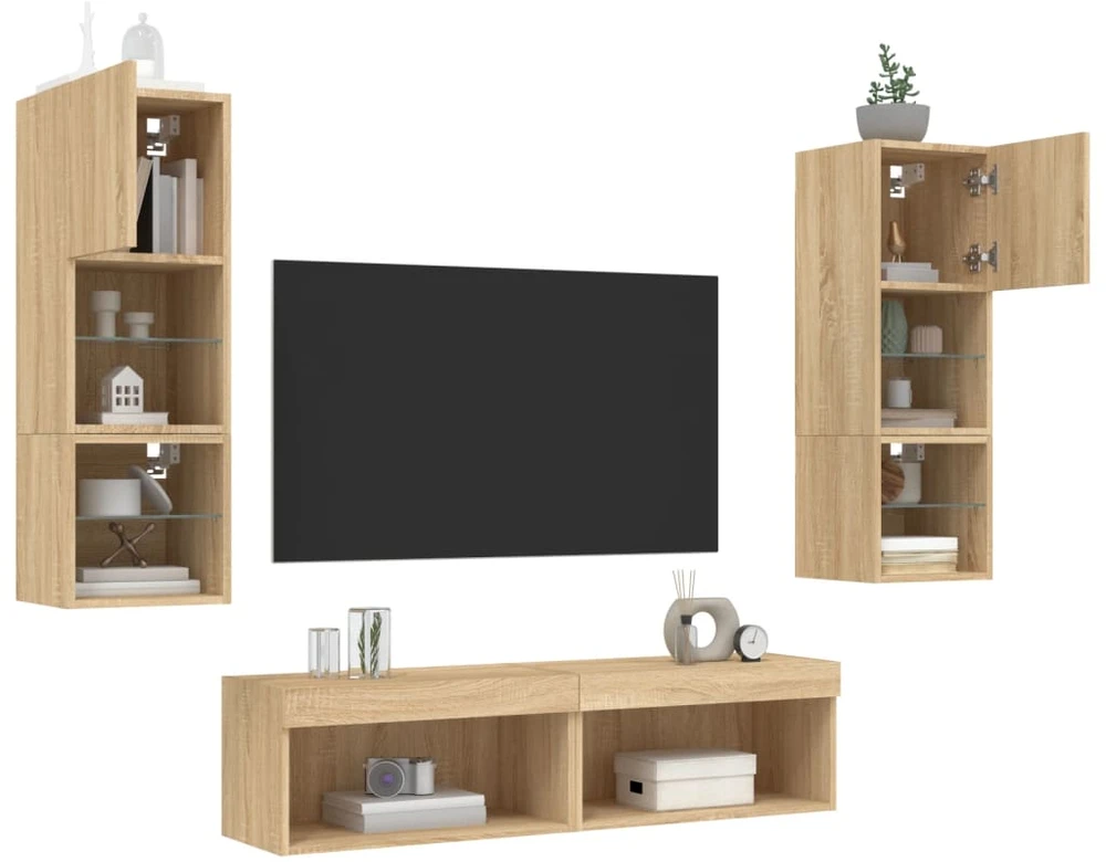 TV staliukas Sieninė TV sekcija su LED, 6 dalių, ąžuolo, apdirbta mediena
